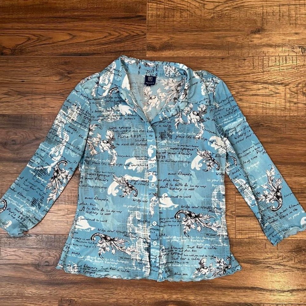Y2K Blue White Mesh Button Blouse Lettuce Trim Cottagecore Coquette Women Medium